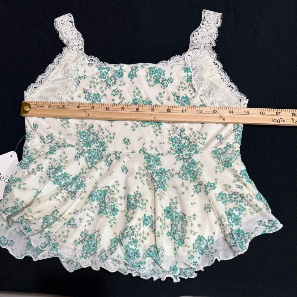 La Peche Floral Babydoll Camisole Womens Medium Cream Green Lace Trim Mesh - Picture 7 of 9
